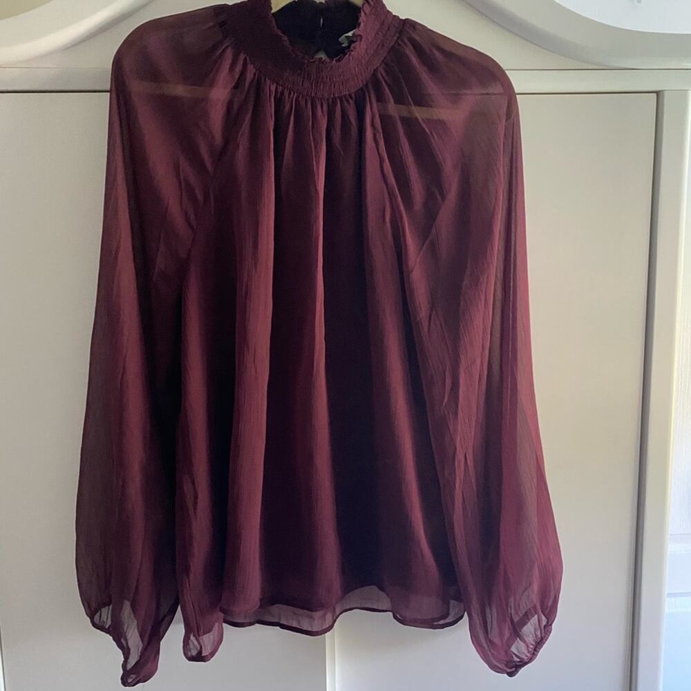Joie Wine Long Sleeve Pleated Blouse with Mandarin Collar vintage look